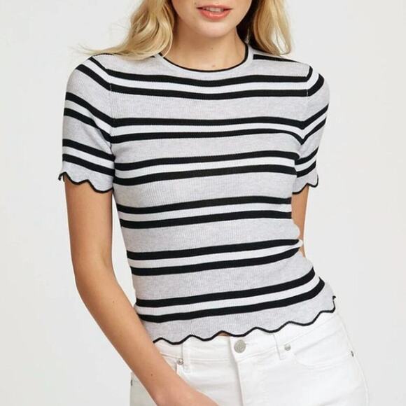 AUTUMN CASHMERE Striped Scallop Edge Ribbed Baby Tee.  Size S - Picture 13 of 13